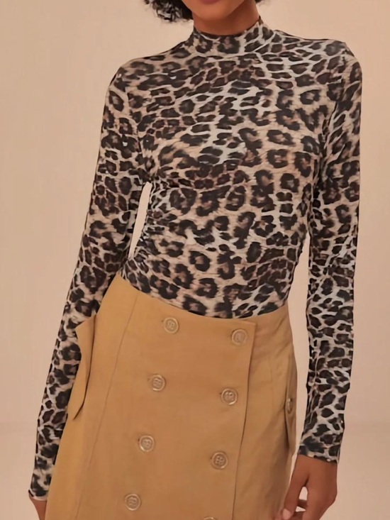FARM Rio Tops - FARM Rio Leopard Mock Neck Mesh Long Sleeve Top